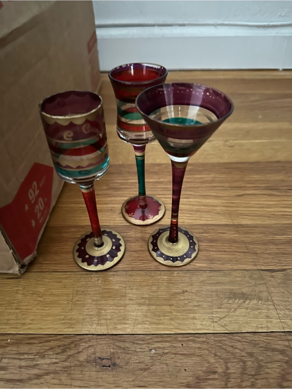 Hand-Painted Ruby Red & Gold Decorative Stemware Set